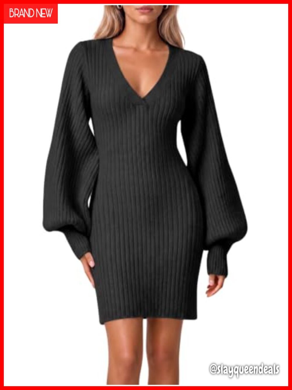 Puff Long Sleeve V Neck Ribbed Knit Sweater Dress Pullover Mini